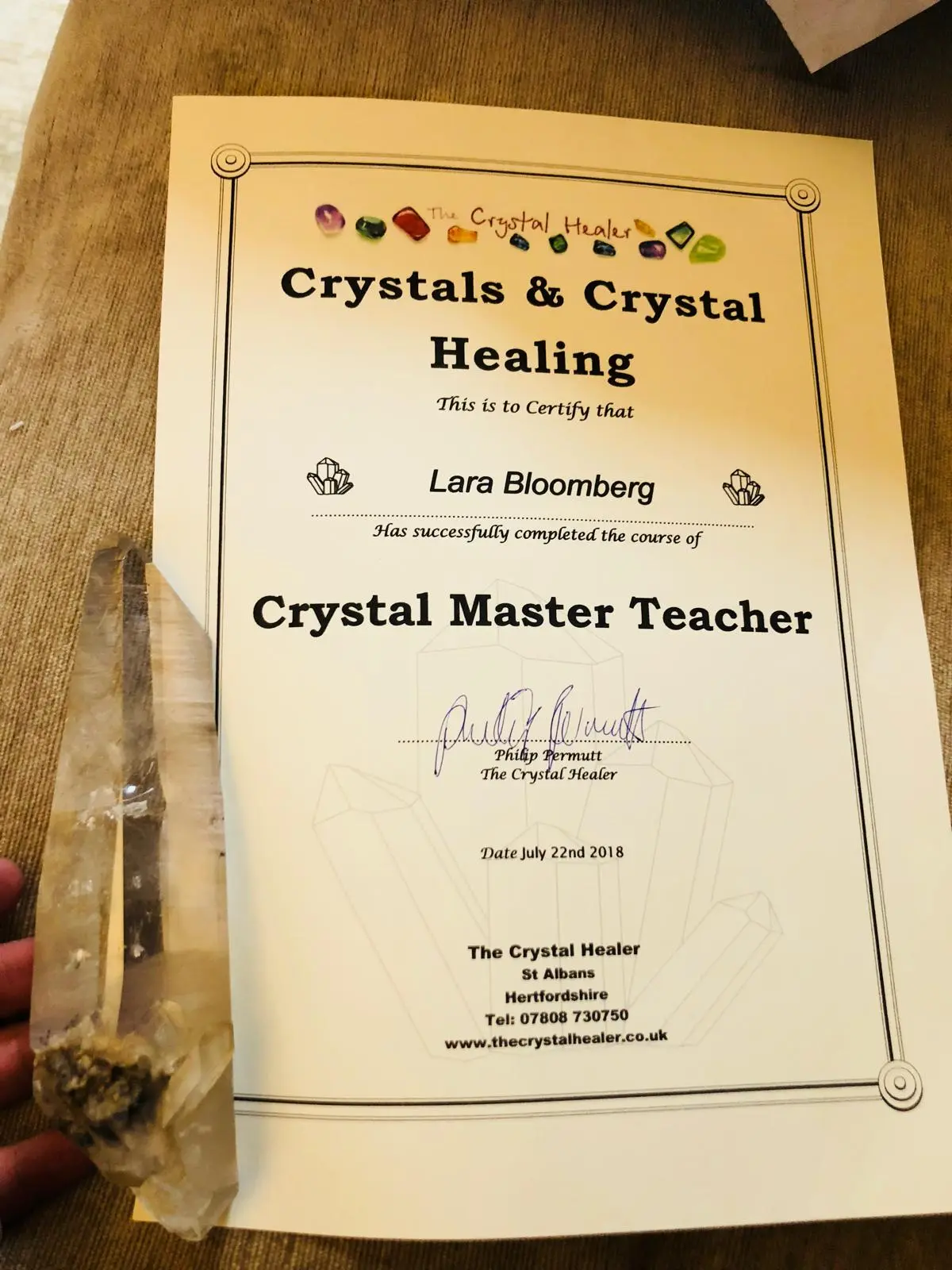 Lara Bloomberg’s Crystals and Crystal Healing Master Teacher certificate