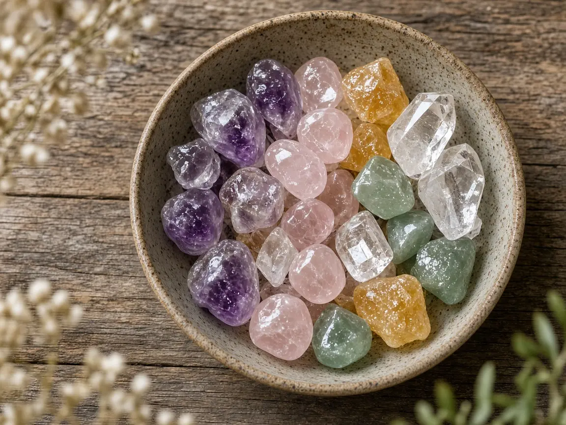 A bowl of crystals for healing workshops