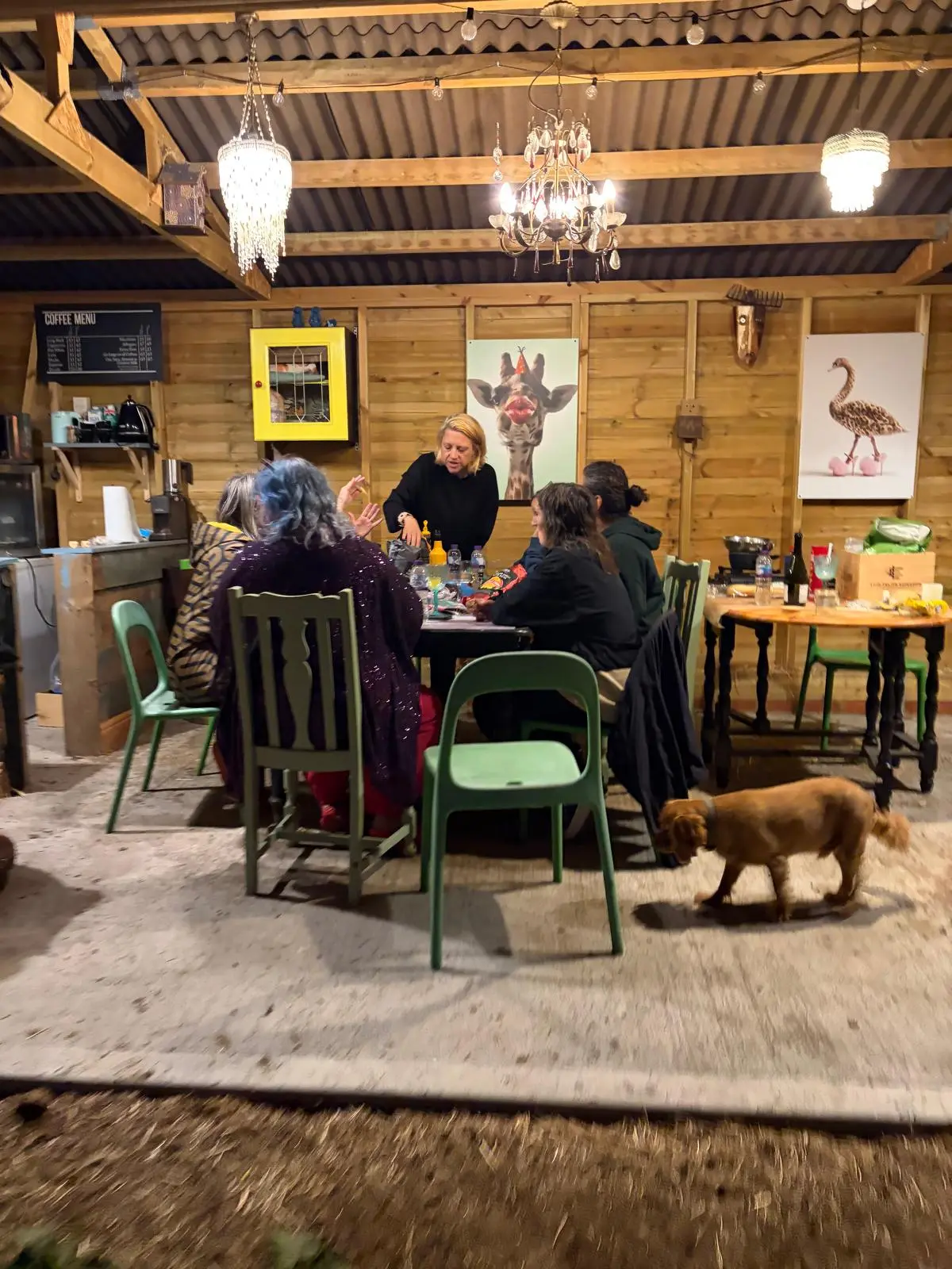 Gathering in the barn with tea, coffee and fairy lights